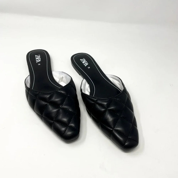 Zara Quilted Vegan Leather Flat Mules Shoes  Black Size 7.5 - Picture 5 of 8
